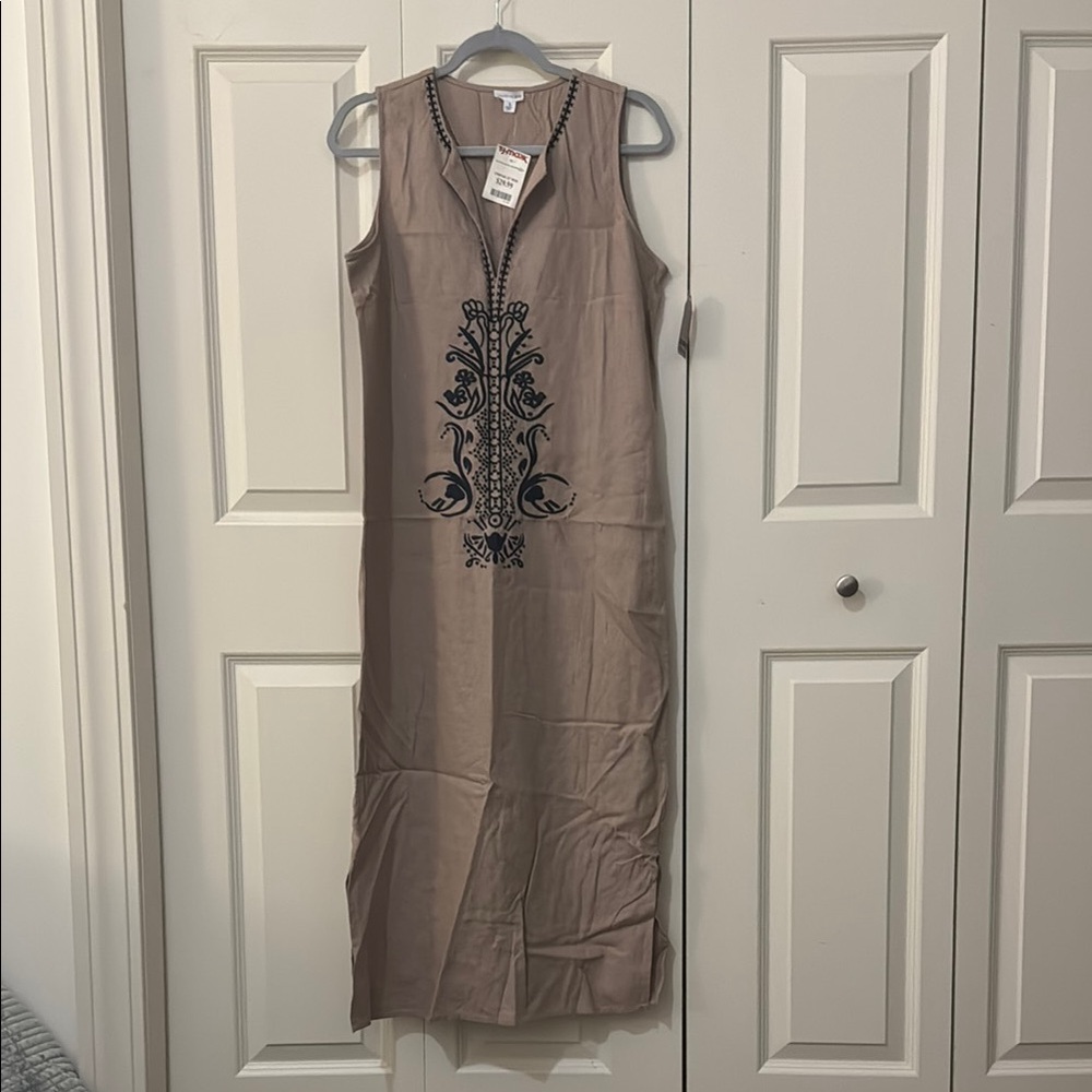 Embroidered Linen Tan Sleeveless Dress